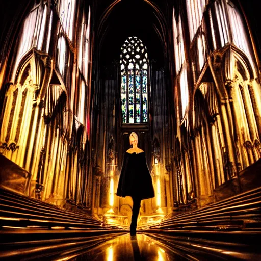 Image similar to 2 4 mm architectural shot gothic girl dressed in black, behind her a gothic cathedral, dramatic lights, dark ambients, the windows of the cathedral are reflecting red flame lights, golden hour, detailed face, intricate ornaments