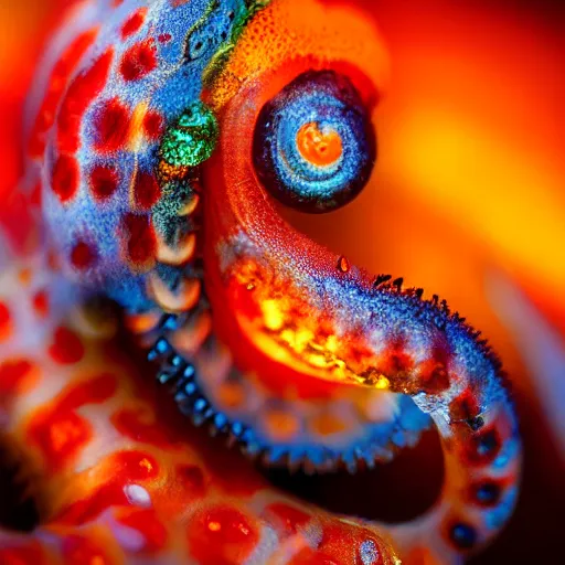 Image similar to fiery whimsical emotional eyes cephalopod, in a photorealistic macro photograph with shallow dof