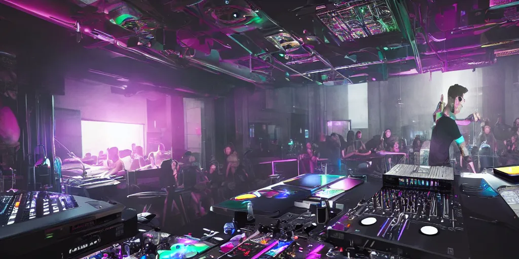 Image similar to a very buff dj playing at a club using a mixer on a tiny desk, pov, realistic 4 k octane beautifully detailed render, 4 k post - processing, highly detailed, intricate complexity, epic composition, magical atmosphere, cinematic lighting, masterpiece, ultra hd