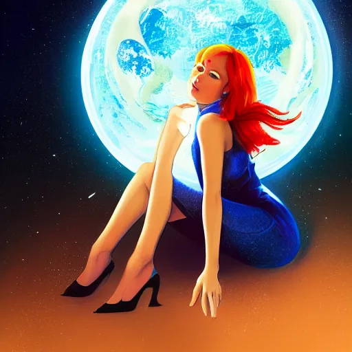 Image similar to a full body portrait of a beautiful tattooed redhead woman sitting, carrying a laser gun, a planet in the background. blue tight dress, light iridescent hair color, long windy hair style, fantasy, realistic, intricate, sharp focus, lens flare, bloom, rim light, illustration, highly detailed, digital painting, concept art, matte, art by ruan jia