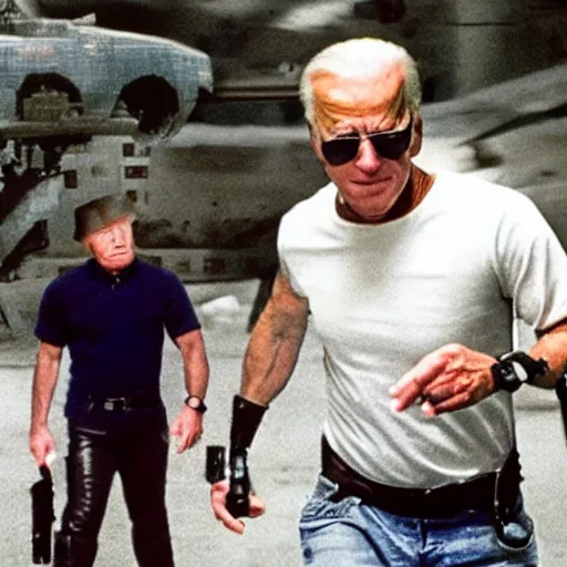 Image similar to joe biden as the terminator hunting down donald trump