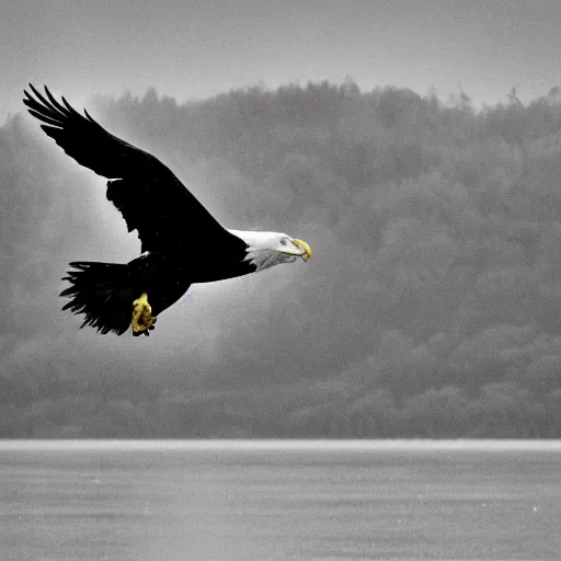 Image similar to a black and white eagle, flying over a forest with a river