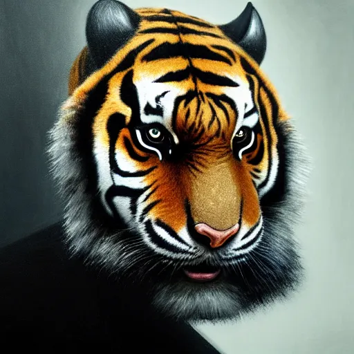 Image similar to a portrait of a tiger wearing a black hood, !!!cloak !!!!covering !!!face, anatomically correct, beautiful perfect face, enigmatic, oil painting, matte, black background, Volumetric dynamic lighting, Highly Detailed, Cinematic Lighting, Unreal Engine, 8k, HD, by Beksinski