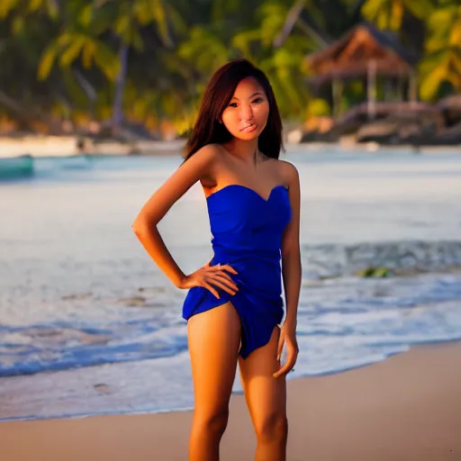Prompt: a full body portrait of a beautiful, slim Filipina girl, beautiful detailed eyes, golden hour, standing on a beach in Boracay, outdoors, professional award winning portrait photography, Zeiss 150mm f/ 2.8 Hasselblad