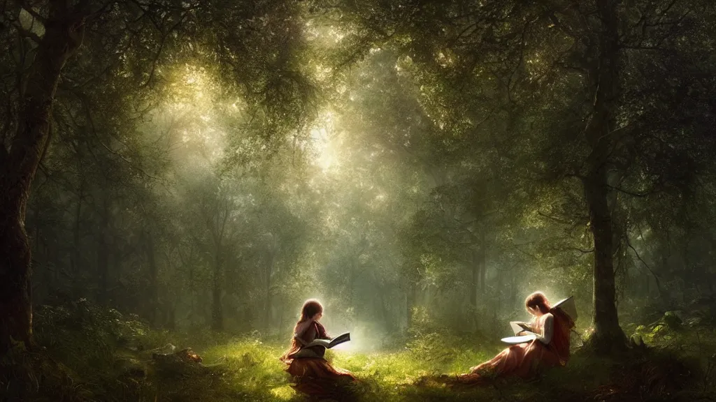 Image similar to girl reads a book in a tree, far away, in the magical forest. andreas achenbach, artgerm, mikko lagerstedt, zack snyder, tokujin yoshioka