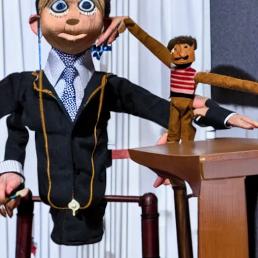 Image similar to puppeteer using marionette of a president in a podium