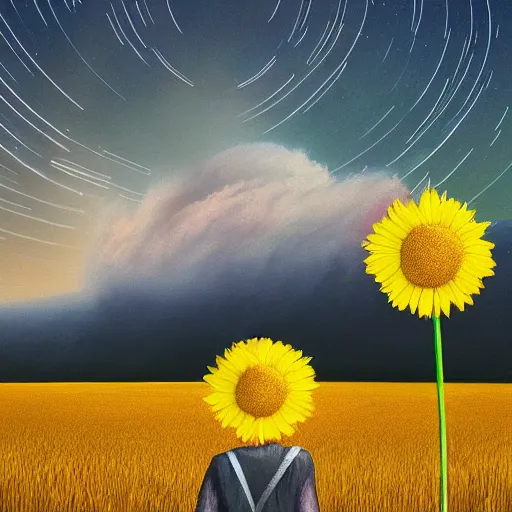 Image similar to giant daisy flowers as a head, girl walking in wheat field, hills, surreal photography, dark night, star trails, impressionist painting, dramatic clouds, digital painting, artstation, simon stalenhag