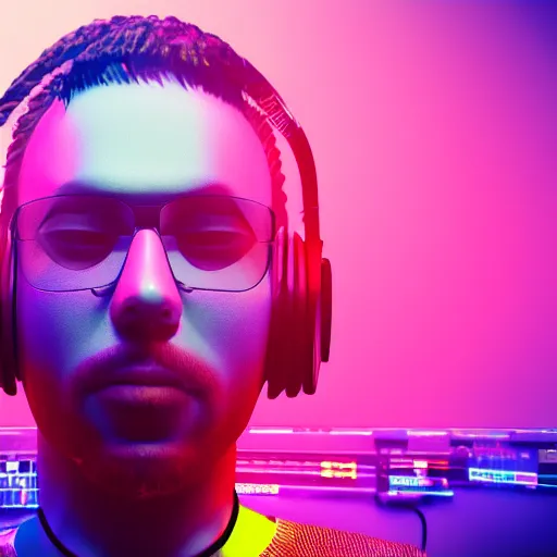 Image similar to a photorealistic of tech progressive electronic music dj portrait colorful :refractive : : octane render, 4K, dynamic light