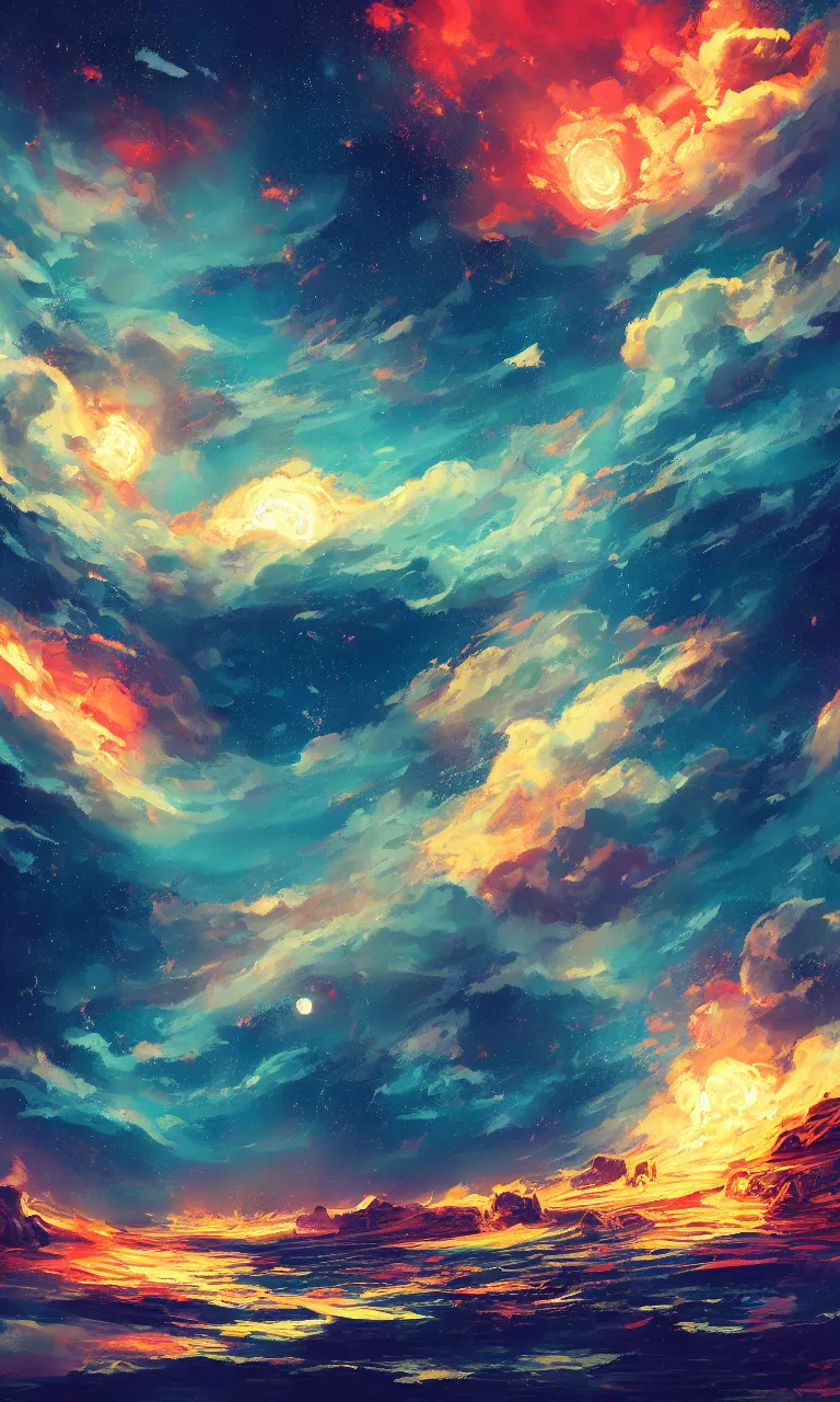 Prompt: a beautiful painting of fire sea, starry sky, moon, cloud, by liam wong and yuumei and yanjun chen, trending on artstation