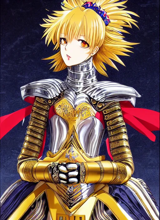 Image similar to key anime visual portrait of a woman knight in ceremonial armor, dynamic pose, cinematic, film grain, face by murata range, armor designed by gutsav klimt