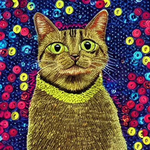 Image similar to a cat embroidered with sequins, hyperrealistic, textured, animal portrait