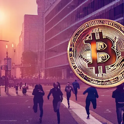 Image similar to bunch of people running away from a bitcoin giant in the city, hyper detailed, hdr, 8 k, beautiful lighting, dribbble art
