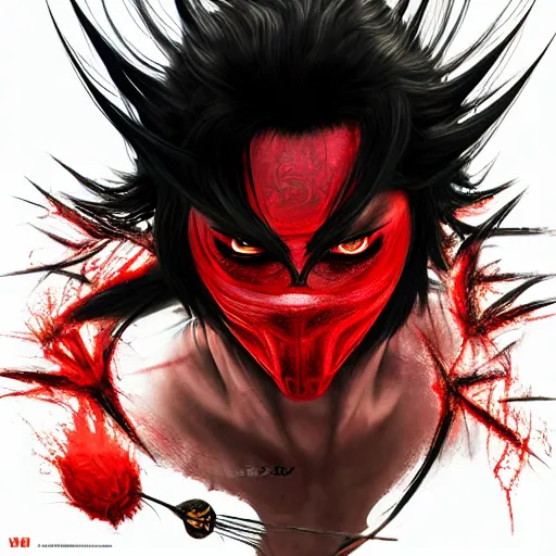 Prompt: mazoku martial artist, handsome japanese demon boy, young adult yokai with long spiky black hair, vampiric skin, vantablack gi, red eyes, ultra realistic, intricate details, highly detailed, subsurface scattering, photorealistic, octane render, 8 k, art by artgerm, greg rutkowski, magali villeneuve, alphonse mucha