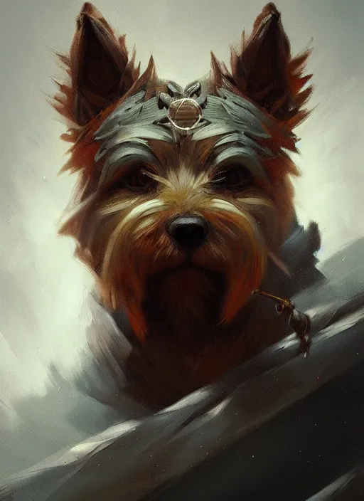 Image similar to norwich terrier as an wizard, backround dark, highly detailed, digital illustration, trending in artstation, modern painting, smooth, sharp focus, intricate, by peter mohrbacher