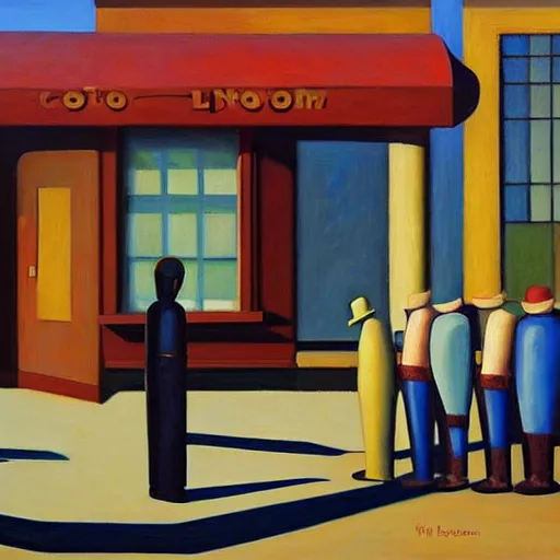 Image similar to robots queue up for ice cream, grant wood, pj crook, edward hopper, oil on canvas