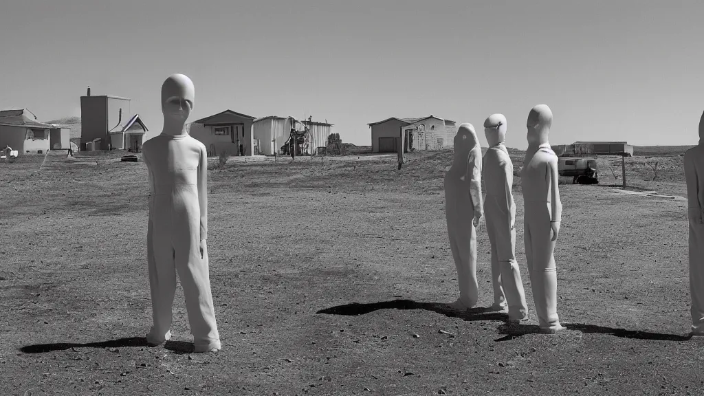 Prompt: Nuclear test site suburban neighborhood with mannequins, eerie, sad, depressing