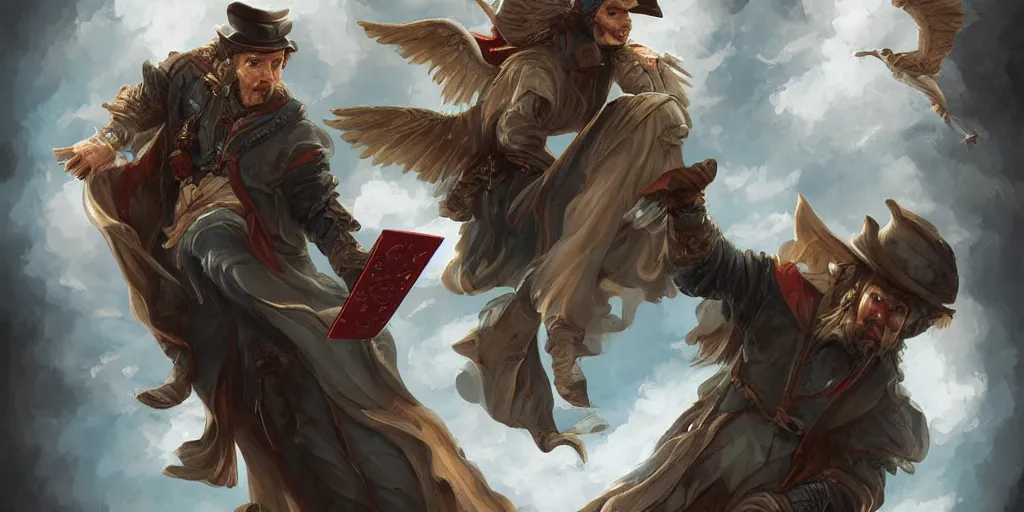 Prompt: man with flying cards, fantasy, digital art, highly detailed, 8 k