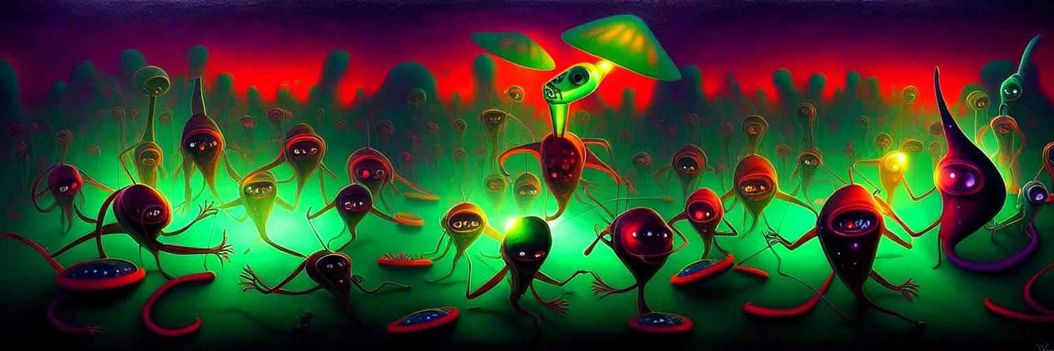 Image similar to strange alien plankton creatures from the depths of the collective unconscious, dramatic lighting, surreal darkly colorful painting by ronny khalil