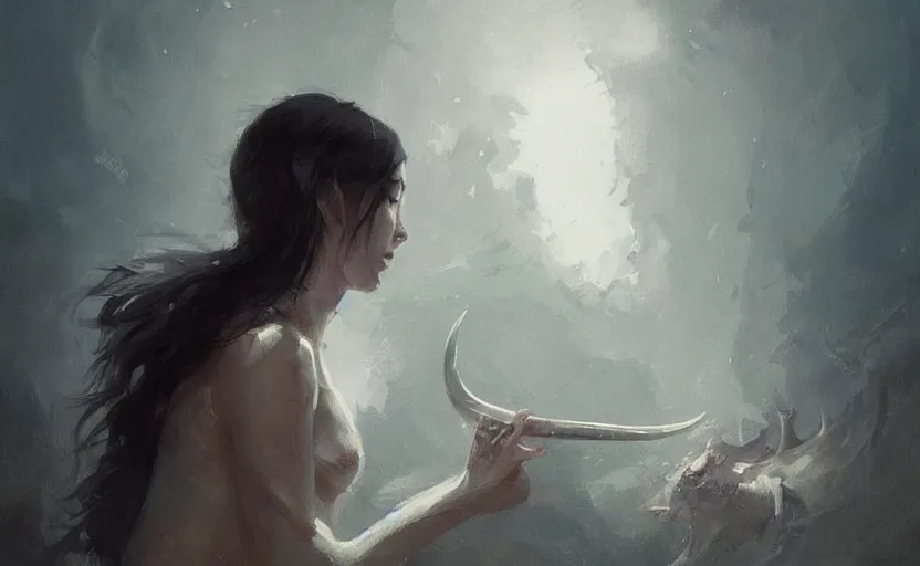 Image similar to a painting of aki trending on artstation in the style of greg rutkowski, beautiful, sensual, natural, horns