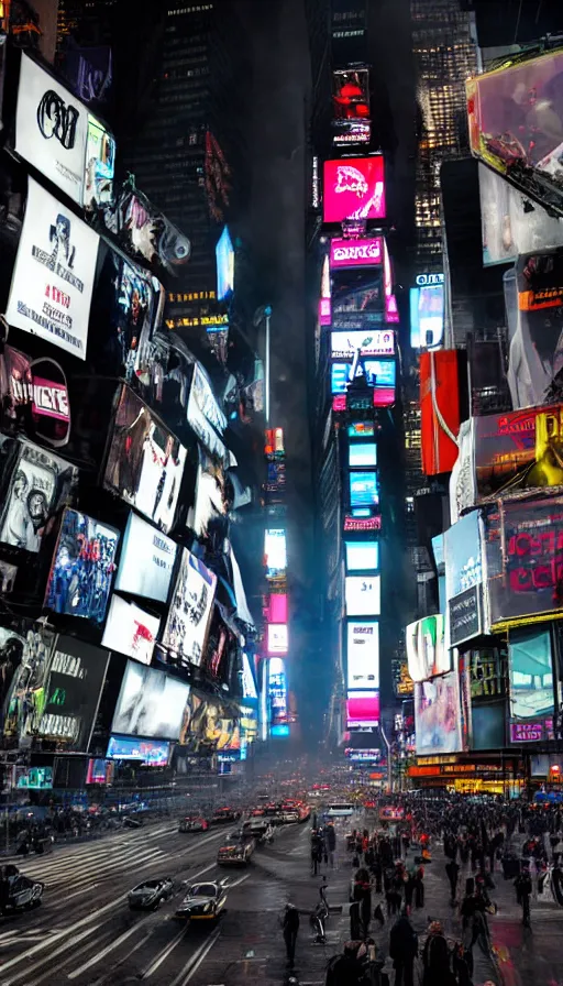 Image similar to 8k high resolution photograph of cyber punk New York Times Square on a foggy night, futuristic,