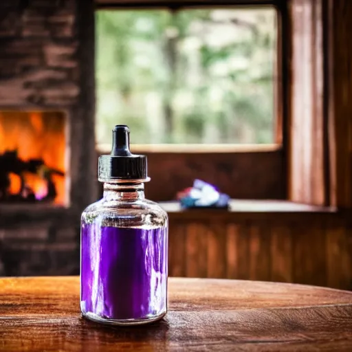 Prompt: an old - fashioned bottle of purple ink on a wooden table in a dim cabin, fireplace in the background, depth of field, 8 k award - winning photography