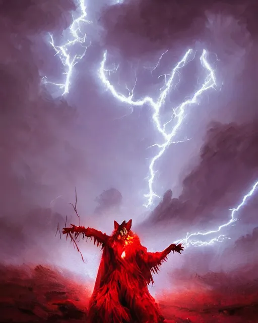 Image similar to oil painting of Anthropomorphized Wolf Shaman casting spell, wearing red fur cloak, sharp focus, lightning storm background, magical aura, evil, heroic pose, fantasy style, octane render, volumetric lighting, 8k high definition, by greg rutkowski, highly detailed, trending on art Station, magic the gathering artwork, Lightning storm background, centered, dramatic artwork