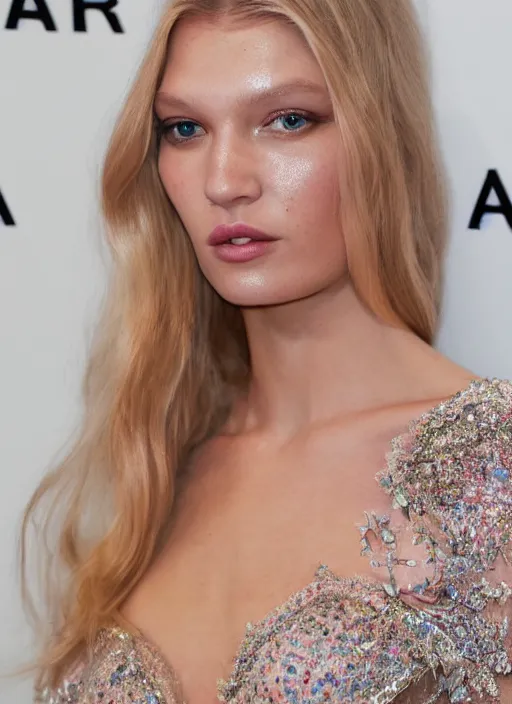 Image similar to A beautiful portrait of Hana Jirickova at amfAR Gala Cannes 2017 at Hotel du Cap-Eden-Roc, highly detailed, in the style of cinematic, Getty images, Makeup by Pat McGrath, Hair by guido palau, Greg rutkowski