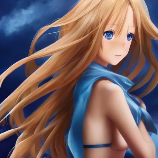 Image similar to a very beautiful mature yuuki asuna, full body, long wavy blond hair, sky blue eyes, full round face, bikini, miniskirt, front view, mid - shot, highly detailed, cinematic wallpaper by stanley artgerm lau