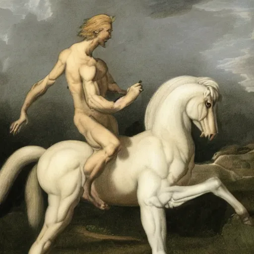 Prompt: A centaur, the upper body is a white ape, and the lower body is a black horse