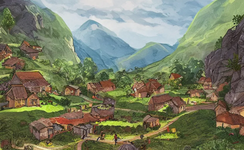 Prompt: a small village in a valley, villagers busy farming, a dragon approaching from a distance, storybook, gouache, flat, concept art, print