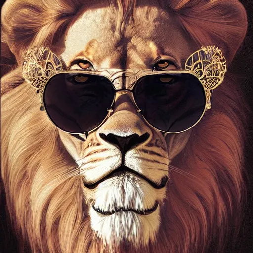 Prompt: Lion wearing sunglasses and a Crown, intricate, elegant, highly detailed, digital painting, artstation, concept art, smooth, sharp focus, illustration, art by artgerm and greg rutkowski and alphonse mucha
