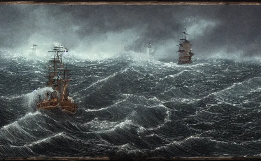 Prompt: middle of the ocean, large waves, battle between two 1800s ships, cannons firing, no land, dark skies, close up shot, at dusk, 4k, rule of thirds, extreme detail, hazy, intricate ink illustration, surreal, surrealist, trending on artstation, cgsociety, hd, complimentary colours, realistic lighting, by Albert Bierstadt, Frederic Edwin Church.