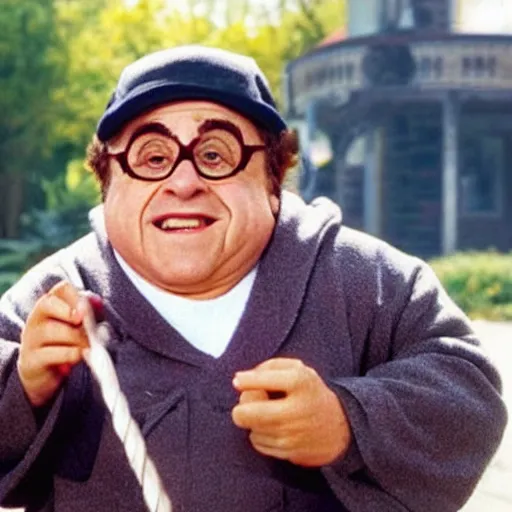 Image similar to A movie still of Danny Devito as a Disney princess