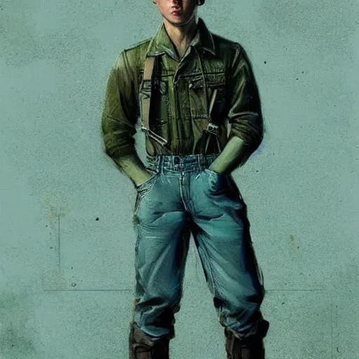 Image similar to a highly detailed epic cinematic concept art CG render digital painting artwork costume design: young James Dean as a well-kept neat mechanic in 1950s USSR green dungarees and big boots, reading a book. By Greg Rutkowski, Ilya Kuvshinov, WLOP, Stanley Artgerm Lau, Ruan Jia and Fenghua Zhong, trending on ArtStation, subtle muted cinematic colors, made in Maya, Blender and Photoshop, octane render, excellent composition, cinematic atmosphere, dynamic dramatic cinematic lighting, aesthetic, very inspirational, arthouse