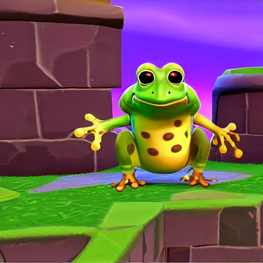 Image similar to screenshot of a cute inspector frog with a brown trenchcoat as an npc in spyro the dragon video game, with playstation 1 graphics, activision blizzard, upscaled to high resolution