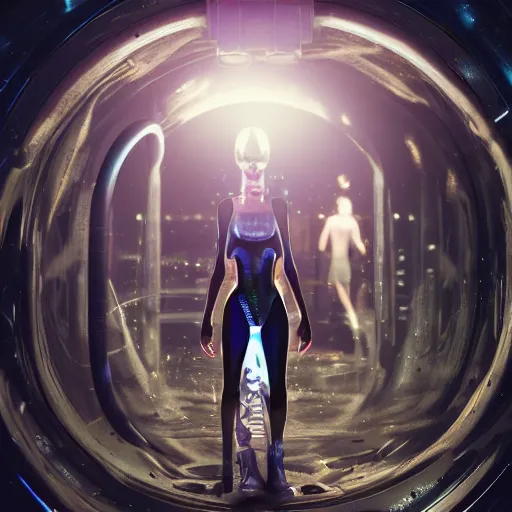 Image similar to lux wright inside alien water tank, attire: bikini, Polaroids, establishing action shot, ultra detailed, trending on artstation, concept art, intricate details, 8k detail, post processing, hyperealistic, octane render, led lights, full body, full shot.