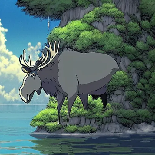 Image similar to a screenshot of the beautiful moose spirit from Studio Ghibli\'s \'Spirited Away\', immersed in nature