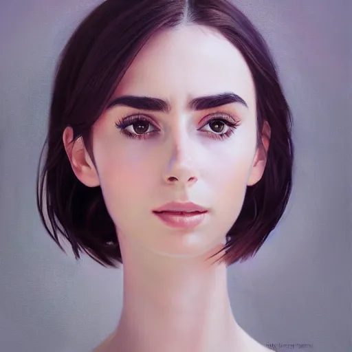 Image similar to of an ultradetailed beautiful portrait panting of lilly collins, front view, oil painting, by ilya kuvshinov, greg rutkowski and makoto shinkai