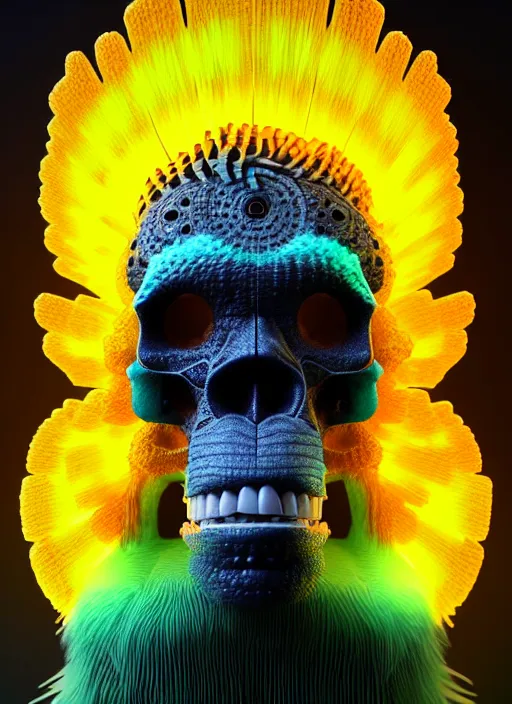 Image similar to 3 d ape shaman profile portrait, sigma 5 0 0 mm f / 5. beautiful intricate highly detailed quetzalcoatl skull and feathers. bioluminescent, plasma, lava, ice, water, wind, creature, thunderstorm! artwork by tooth wu and wlop and beeple and greg rutkowski, 8 k trending on artstation,