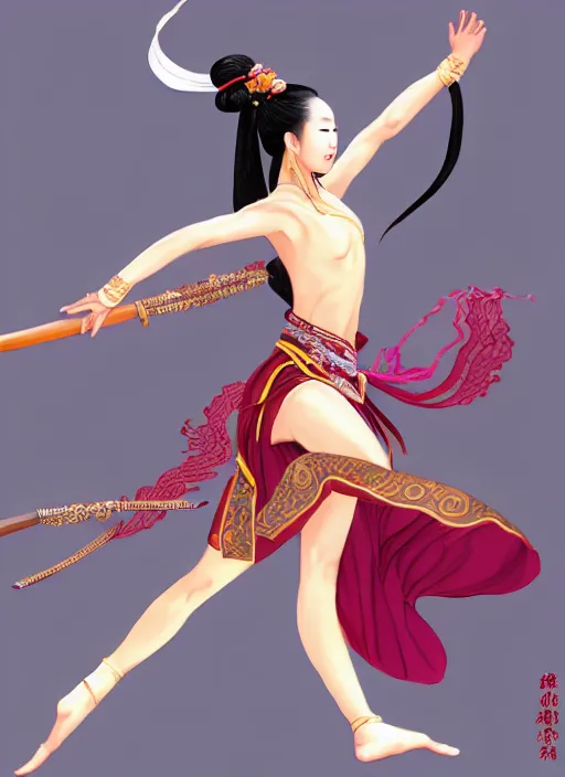 Prompt: a barefoot female dancer using a silk belt as weapon, wuxia, xianxia, barefoot, tanned skin, athletic, vivacious, absurdly beautiful, hanfu, fully clothed, chinese ribbon dance, silk belt, scorpion whip, detailed, realistic, anatomically accurate, in the style of wlop on artstation, wang liang.