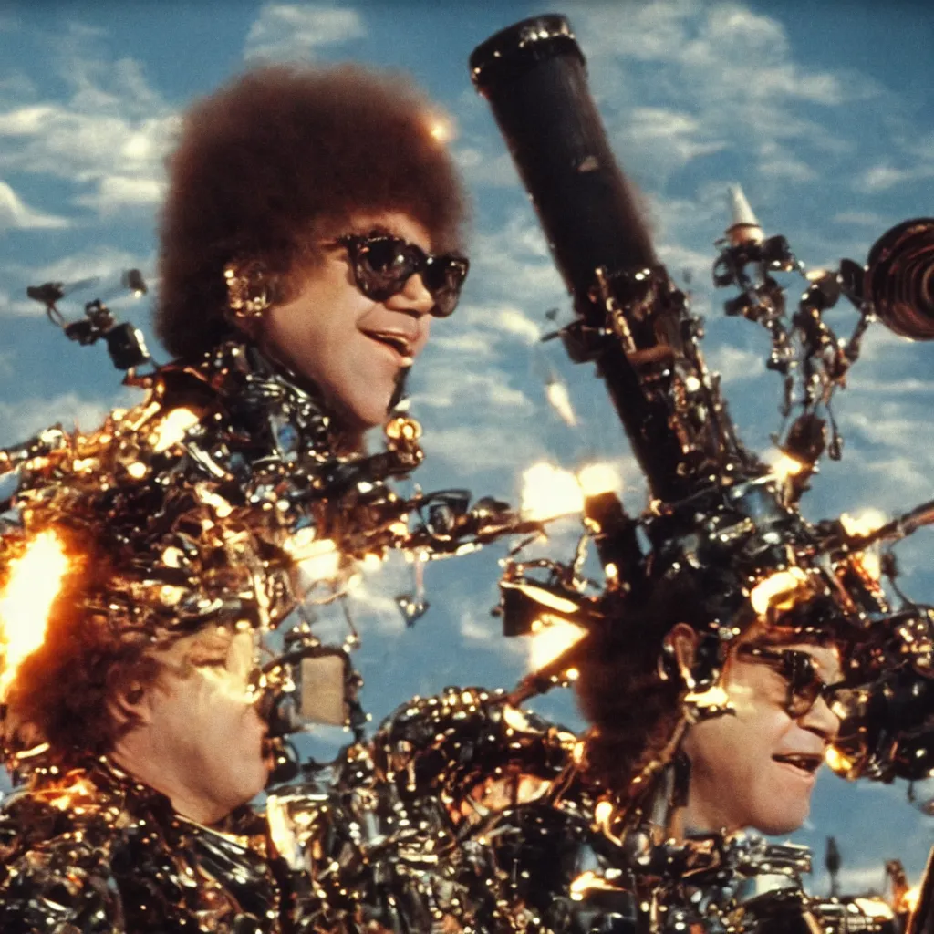 Image similar to elton john with a afro hair style riding a missile, cinematic framing, cinematic lighting, hdr, gritty, movie still, 4k, 70s psychedelic style