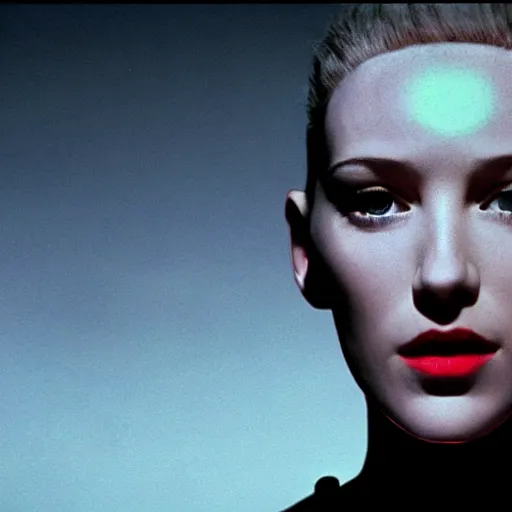 Image similar to movie scene of a android, half human half robot, movie still, cinematic composition, cinematic light, criterion collection, reimagined by industrial light and magic, Movie by David Lynch and Ridley Scott