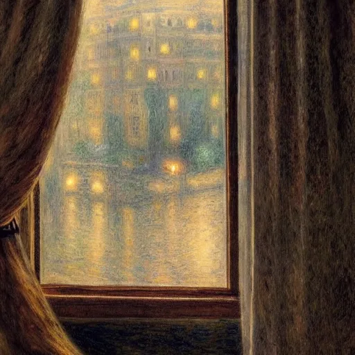 Prompt: on a rainy day, someone in home sits in bed, curled up under the covers, watching the rain outside the window, cinematic, artstation, extremely detailed, intricate, cinematic lighting, art by pierre - auguste renoir, arie johannes lamme