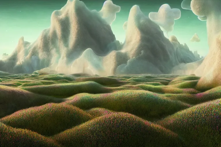 Image similar to a psychedelic realm in another dimension with rolling plains made out of clouds, mountains made out of icebergs, and plant life made out of cotton candy, in the style of wlop, illustration, epic, fantasy, hyper detailed, smooth, unreal engine, sharp focus, ray tracing