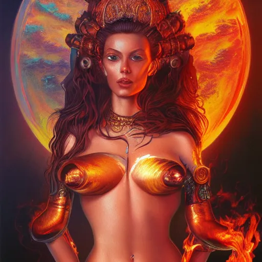 Image similar to A stunning portrait of a goddess with a body of flames by Jim Burns, 8K UHD, fantasy, Trending on artstation.