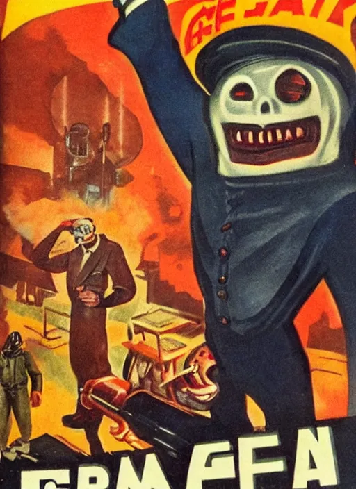 Image similar to creepy Gman from Half Life with a scary comically large smile, 1940s scare tactic propaganda art