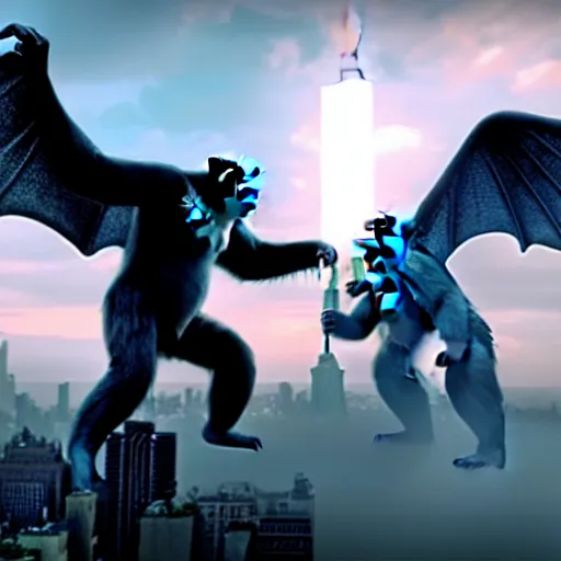 Image similar to king kong with wings fights in new york against godzilla with 3 heads, hyper realistic, ray tracing