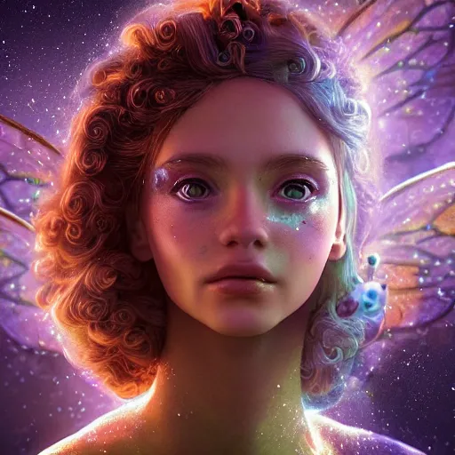 Image similar to portrait of a magical fairy made of galaxies, highly detailed, realistic, octane render, comic book art, space travel, unreal engine, sharp focus, cinematic