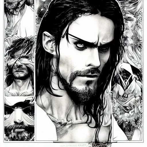 Image similar to pen and ink!!!! attractive 22 year old cyborg!!! Frank Zappa x Jared Leto Metal Gear Solid technical art Dune!!! golden Vagabond!!!! magic swordsman glides through a beautiful!!!!!!!! battlefield magic the gathering dramatic esoteric!!!!!! pen and ink!!!!! illustrated in high detail!!!!!!!! by Hiroya Oku!!!!!!!!! Written by Wes Anderson graphic novel published on shonen jump MTG!!! 2049 award winning!!!!