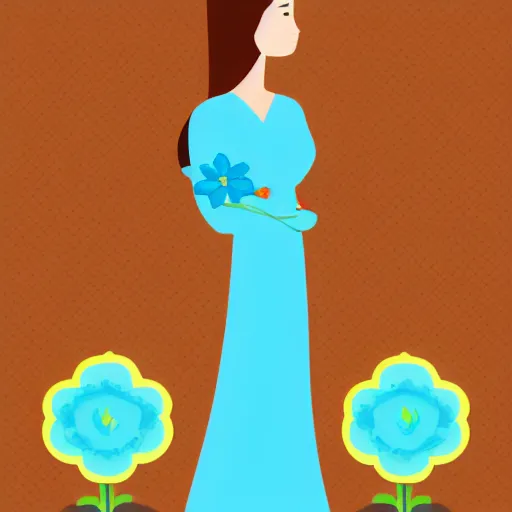 Prompt: a woman on top of a light blue flower, flat design, flat colors